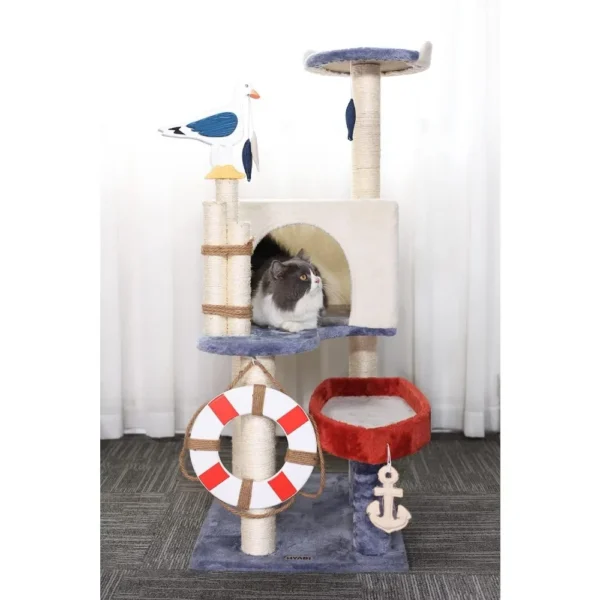 46.8 in Cat Tree Tower Condo Furniture Apartment Plush Habitat Kitten Amusement Platform With Scratch Posts Toy Fish Pet House - Image 2