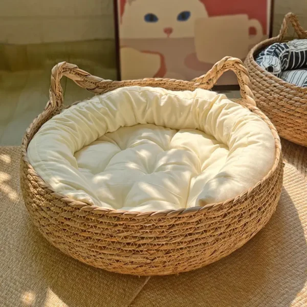 OUZEY Rattan Weaving Cat Basket Pet Cat Bed With Cushion Soft Warm Puppy Kitten Bed Donut Round Comfortable Sleeping Cat House - Image 5