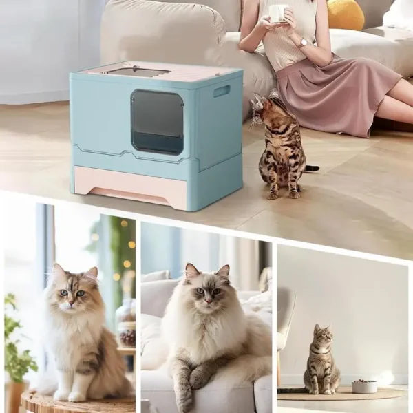 Cat Litter Box Double Door Enclosed Kitty Toilet Cat Litter Box Litter Tray Drawer Litter Pan with Drawer Pan and Scoop - Image 6