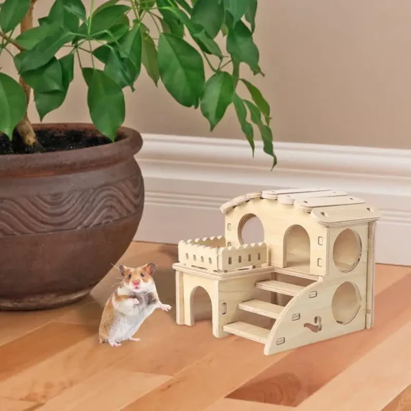 Hamster House Guinea Pig House Hide Wooden Hut Habitat with Doors and Window Multi Chamber Exploration Toy Cage Accessories - Image 4