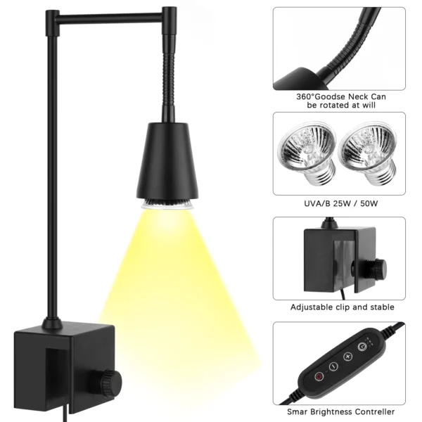 UVA/UVB Reptile Heat Lamp Bulb with Clip Dimmable Timer Habitat Basking Spot Lamp 25W/50W 2 Bulbs Turtle Lizard Heating Lamp - Image 3