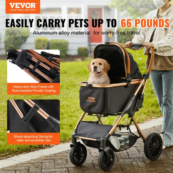 VEVOR 66 lbs Pet Stroller Foldable Dog Puppy Stroller with Brakes Storage Basket Detachable Carrier for Small to Medium Dogs - Image 2