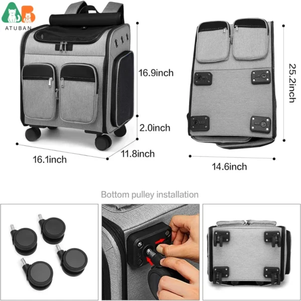 ATUBAN Wheeled Pet Carrier Backpack Pet Stroller, Travel Carrier, Car Seat for Small Dogs Cats Puppies, Comfort Cat Backpack - Image 2