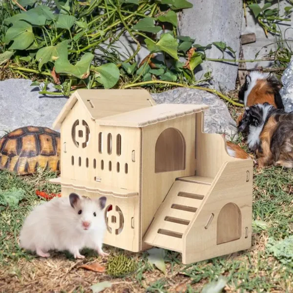 Hamster House Guinea Pig House Hide Wooden Hut Habitat with Doors and Window Multi Chamber Exploration Toy Cage Accessories - Image 3