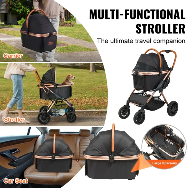 VEVOR 66 lbs Pet Stroller Foldable Dog Puppy Stroller with Brakes Storage Basket Detachable Carrier for Small to Medium Dogs - Image 5