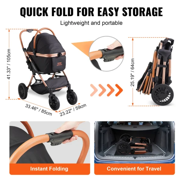 VEVOR 66 lbs Pet Stroller Foldable Dog Puppy Stroller with Brakes Storage Basket Detachable Carrier for Small to Medium Dogs - Image 6