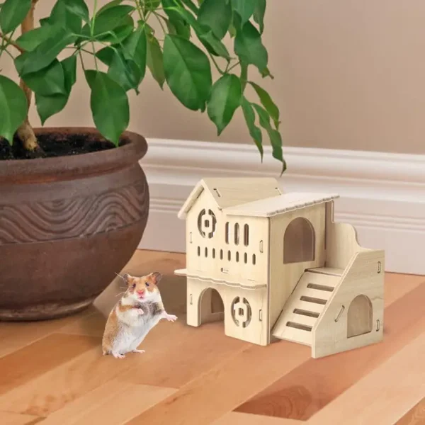 Hamster House Guinea Pig House Hide Wooden Hut Habitat with Doors and Window Multi Chamber Exploration Toy Cage Accessories - Image 2